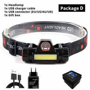 Waterproof LED headlamp COB work light 2 light mode with magnet headlight built-in 18650 battery suit for fishing, camping, etc.